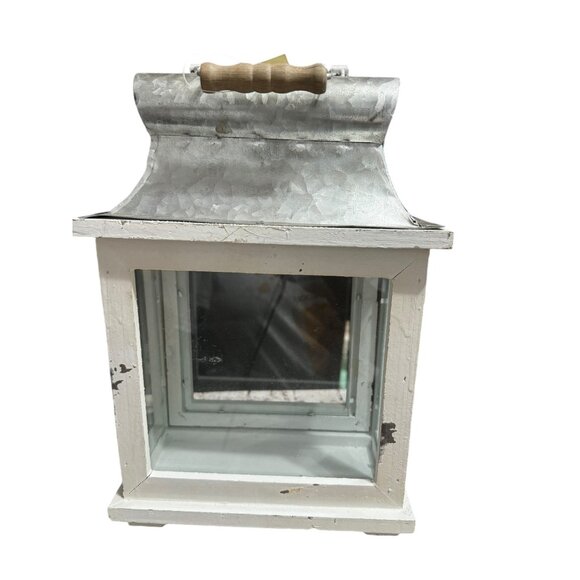 Rustic White Metal & Wood Lantern With Glass Panels - Picture 3 of 7